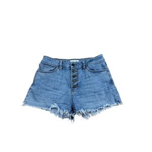 JUST USA Womens High Rise Button Fly Denim Shorts Medium Wash Frayed Size M